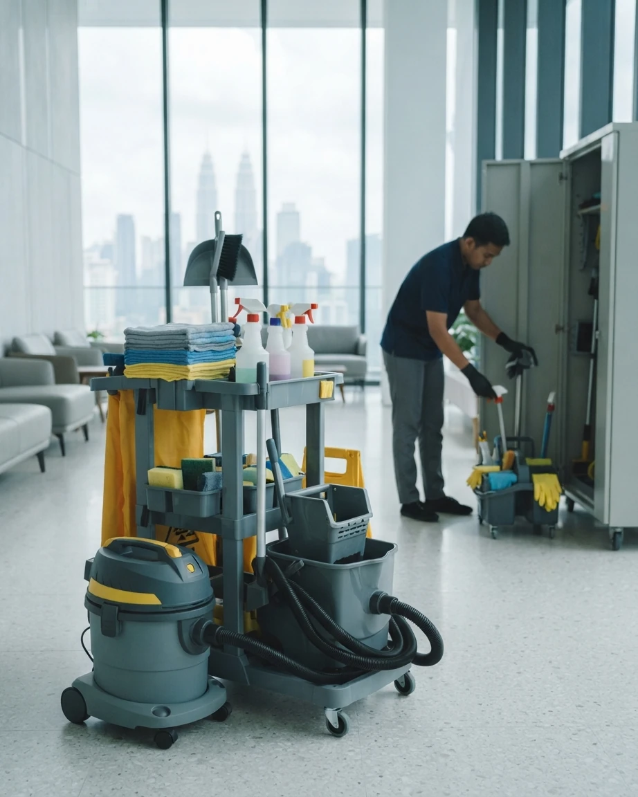 Professional cleaning equipment trolley prepared in an office lobby