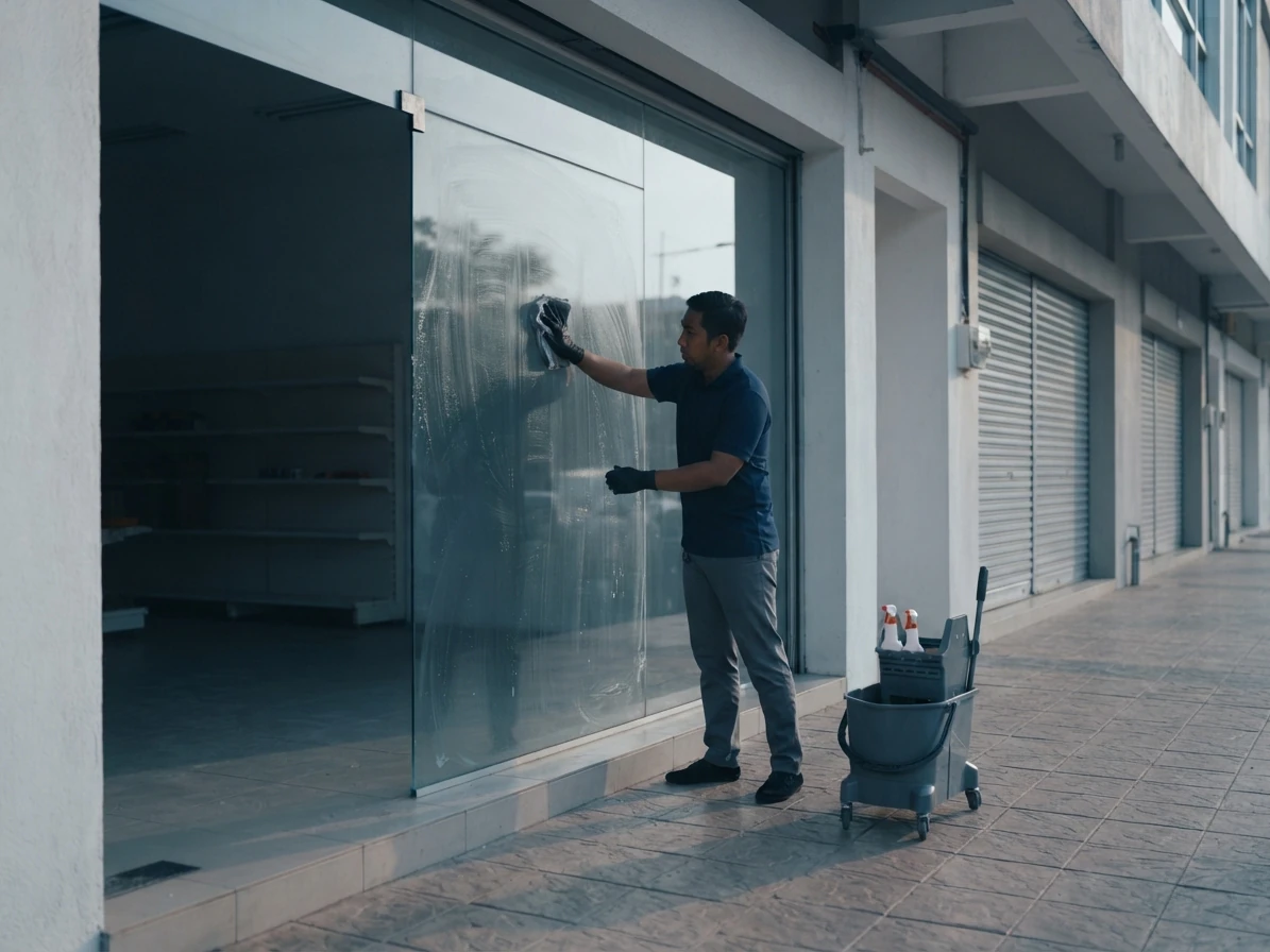 Cleaner wiping the glass shopfront of a retail shop lot