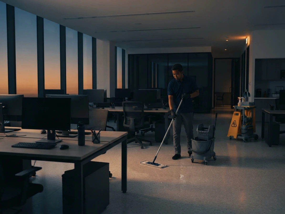 Cleaner mopping the floor of an open-plan office after hours
