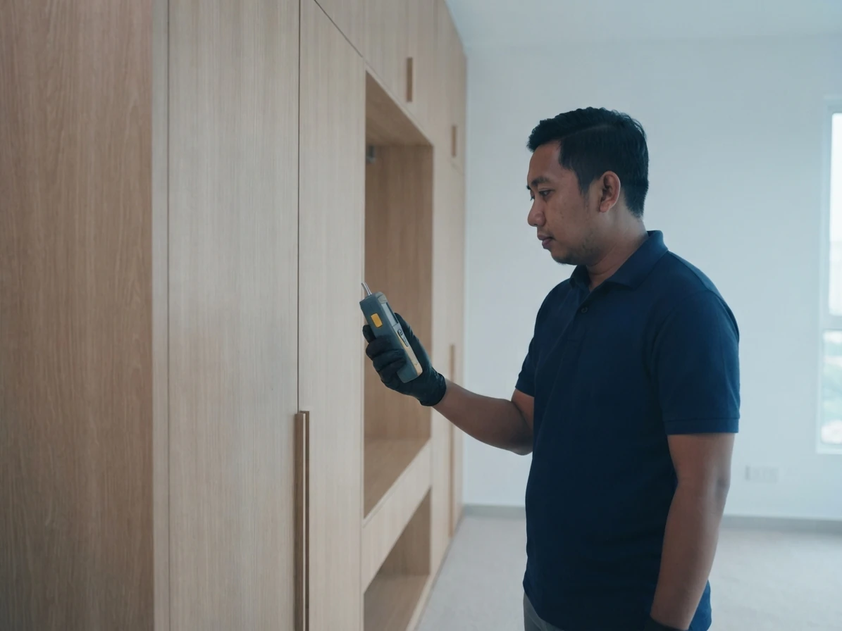 Technician taking an indoor air reading beside new built-in cabinetry