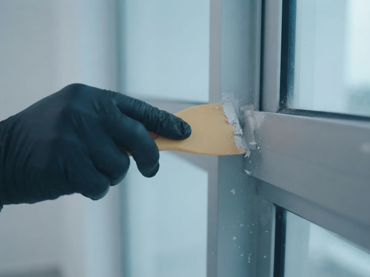 Gloved hand removing paint residue from a window frame