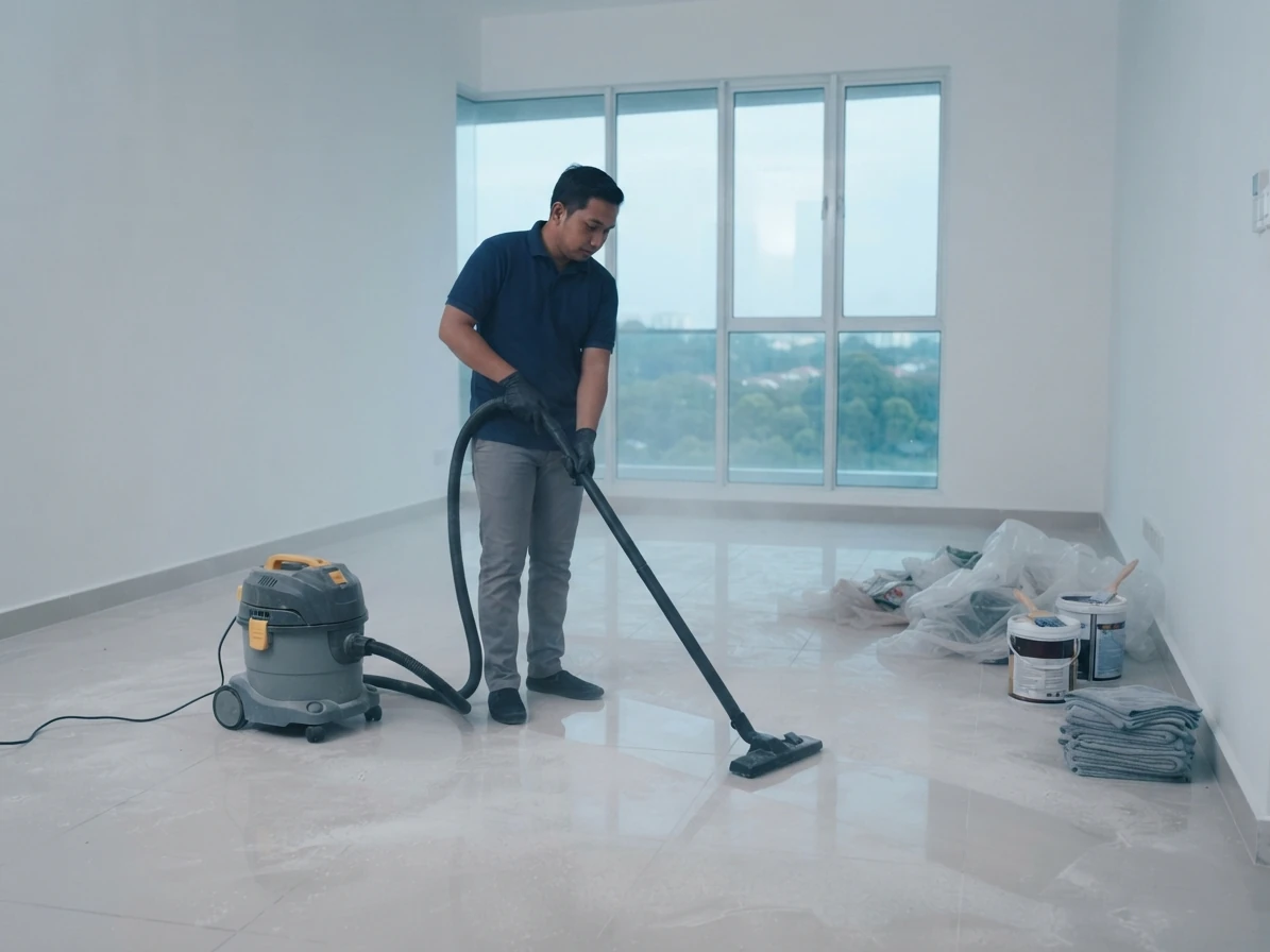Cleaner vacuuming renovation dust from the tiled floor of a new apartment